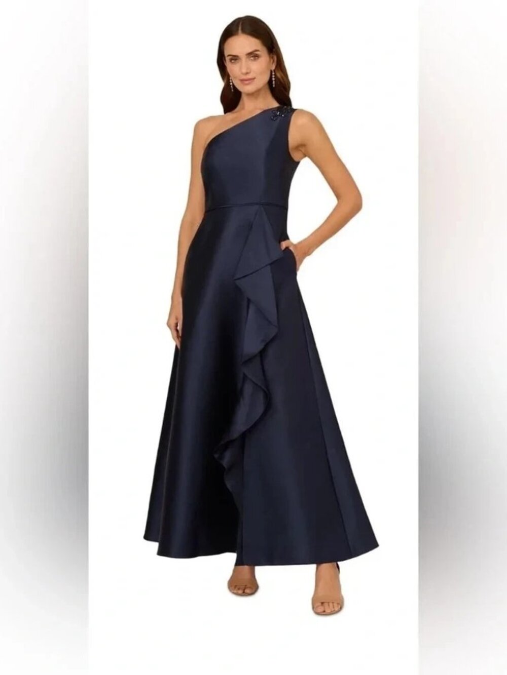 Papell Studio Midnight Blue Mikado Embellished One-Shoulder Gown